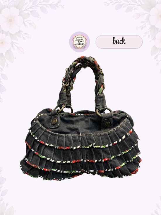 Y2K Betseyville Denim Ruffle Satchel • Betsey Johnson Cherry Charm Handbag - Picture 3 of 13